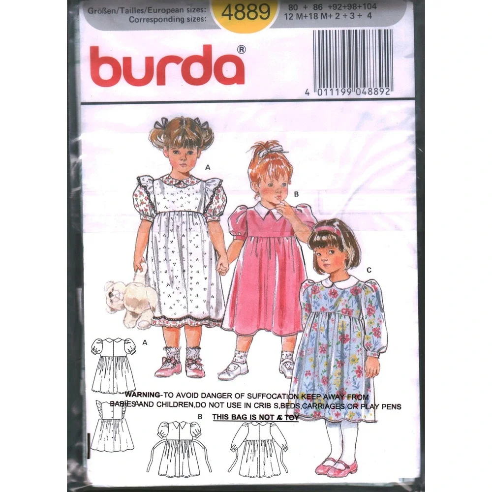Burda 4889 Girls Toddler Dress Sewing Pattern Size 12M-4 Puff Sleeve Peter Pan